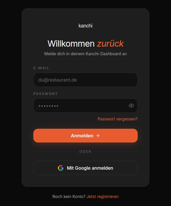 Signing in to the Kanchi dashboard with email, password or a Google account